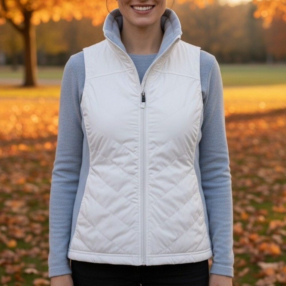 Columbia Women Quilted Fleece Vest White Light‎ Blue Full Zip Layering Size M